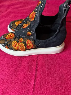 Jeffrey Campbell Black Slip-On Sneakers with Orange and Yellow Floral Embroidery thumbnail 5