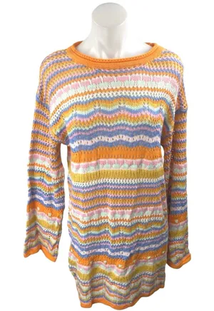 Women's Multicolor Striped Crochet Knit Long Sleeve Sweater Mini Dress Size L thumbnail 1