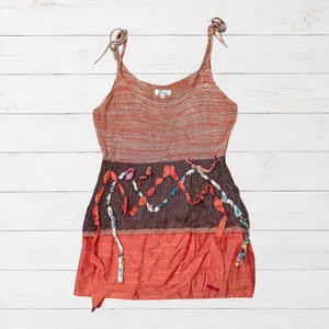 Crochet Tank Tunic Rust Brown Multicolor Ribbon Boho Hippie Eclectic L Z Ba thumbnail 2