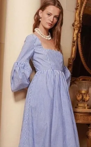 STAUD Blue White Striped Plumeria Long Dress Cottage Cotton‎ Size 00 thumbnail 1