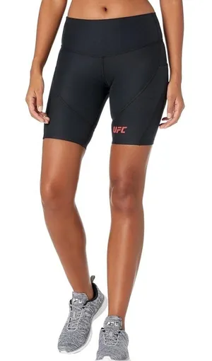 UFC Women's Black Bike Shorts with Red Logo and Side Pockets thumbnail 1
