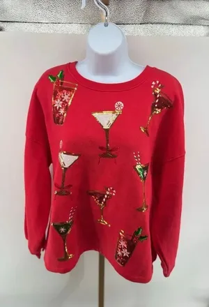 State of Mine Christmas Cocktail Sequin Sweatshirt Large Red Bling thumbnail 1