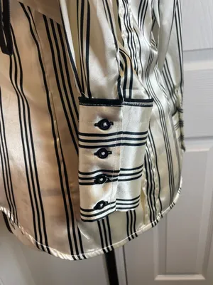 ZARA Satin Office Blouse STRECH Size Small Cream Black Lines Preppy Chic thumbnail 4