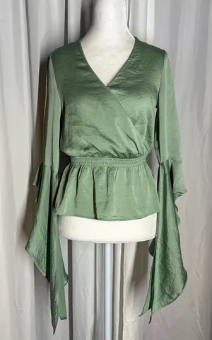 Express Sage Green Draped Bell Sleeve Wrap Top Size XS thumbnail 1
