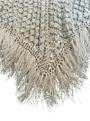 Vintage Cream Open Weave Crochet Knit Poncho Fringe Boho Chic Cottagecore thumbnail 4
