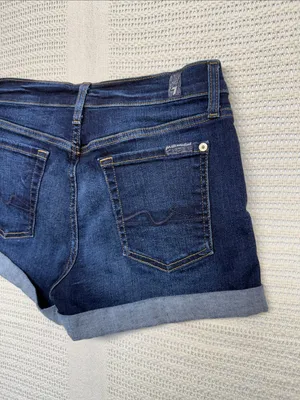 7 For All Mankind Dark Blue Rolled-Hem Denim Shorts thumbnail 6