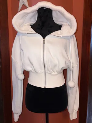 Women's White Hooded Zip Jacket with Pom Drawstrings thumbnail 1