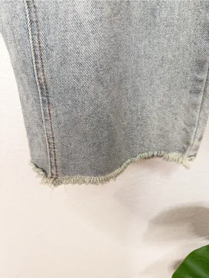 J.ING Light Wash Distressed Cutout Knee High Rise Wide Leg Jeans Raw Hem thumbnail 5