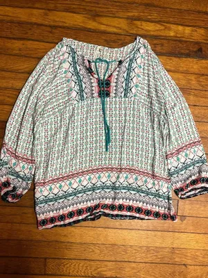 Grand & Greene Tribal Print Boho Blouse with Tassels, Large thumbnail 3