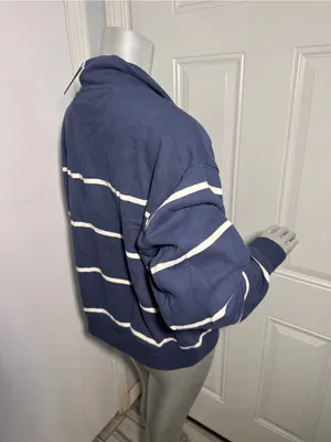 Marine Layer Cloud 9 Fleece Half Zip Sweatshirt NWT Size Large Navy Blue Stripe thumbnail 8
