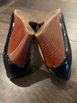Tory Burch Navy Patent Lowell Peep Toe Wedge Heels Sz 7.5 thumbnail 9