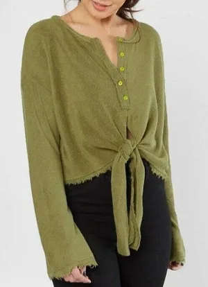 Free People Green Emmas Tie Henley Sweater Top Size XS thumbnail 1