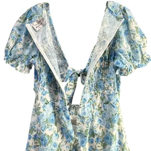 Hello Molly Picnic Loving Mini Dress Women M Blue Floral Smocked Cutout Coquette thumbnail 7
