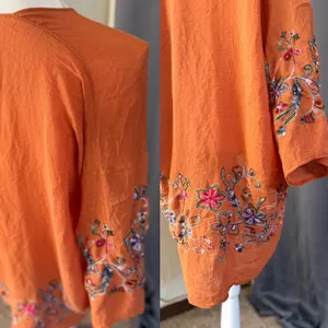 Boho Embroidered Kimono Cardigan Duster Rust Floral Open Front Festival One Size thumbnail 12