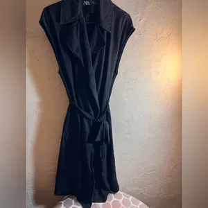 Zara Black Collared Mini Dress M trench duster wrap pockets thumbnail 2