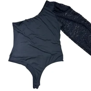 Elegant Black One-Shoulder Lace Sleeve Black Thong Bodysuit Medium Going Out Top thumbnail 3
