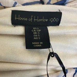 NWT House of Harlow 1960 Damask One Shoulder Midi Dress Blue Cream Ruched Size S thumbnail 5