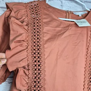 ​NWT English Factory Terracotta Lace Inset Puff Sleeve Tiered Boho Mini Dress L thumbnail 3