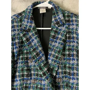 Tristan Blue Green Plaid Tweed Fitted Blazer Jacket Dark Academia Women's M thumbnail 2