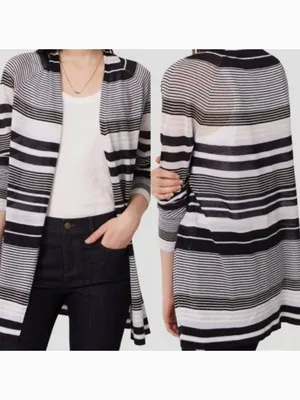 ANN TAYLOR LOFT Striped Fine Knit Open Cardigan Blue / Periwinkle ? Navy Sweater thumbnail 2
