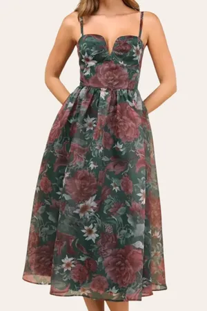 Like New Lulus Cherished Aura Green Floral Organza Bustier Midi Dress Size Small thumbnail 1
