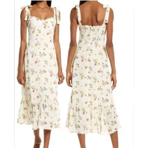 Reformation Midi Dress Women 12 Ivory Floral Nikita Tie Strap‎ Ruffle Summer thumbnail 5