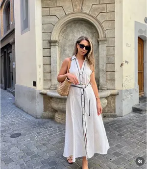 ZARA Cream Maxi Shirt Dress with Black Contrast Trim thumbnail 4
