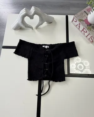 Love Tree Black Smocked Off-the-Shoulder Lace-Up Crop Top - Size M thumbnail 4