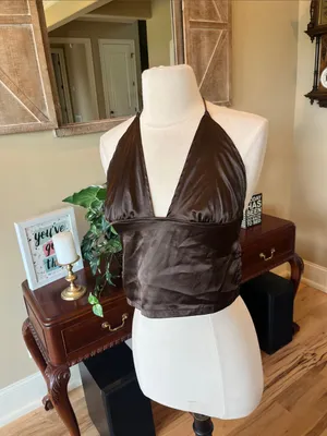 Satiny Halter Crop Top in Chocolate Brown thumbnail 2