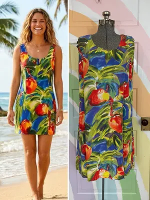Jams World Mango Print Rayon Shift Dress Made in Hawaii‎ Sz L 🧡🎀 thumbnail 2