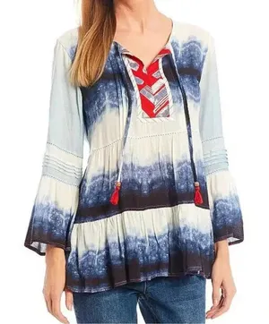 John Mark Ombre Tie Dye Tiered Blouse Tunic Peasant Tassel Artsy Bell Sleeve M thumbnail 1