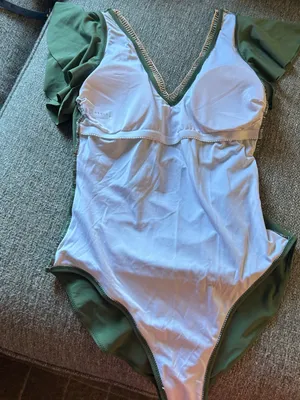 “B” Olive Green One-Piece Swimsuit w/ Crochet V-Neck & Flutter Sleeves | M (New) thumbnail 14