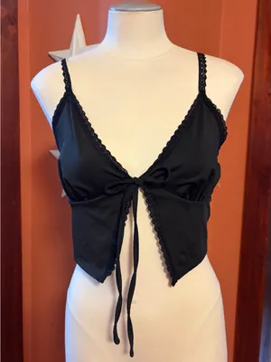 5/$25‼️Black Lace-Trim Tie-open front Top thumbnail 1