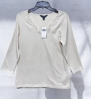 Lauren ralph lauren Lace-Trim Stretch Cotton 3/4 sleeve Top size large nwt thumbnail 1