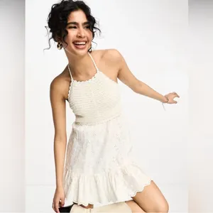ASOS‎ Cream Crochet Halter Mini Beachy Mini Dress Eyelet Details thumbnail 2