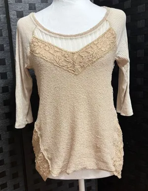 Free People We The Free Top Beige Lace Mixed Media Boho Waffle‎ Knit Casual M/L thumbnail 1