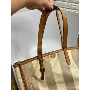 Fossil striped Sydney shopper Tote Bag Womens Large Tan Cream Striped Canvas thumbnail 6