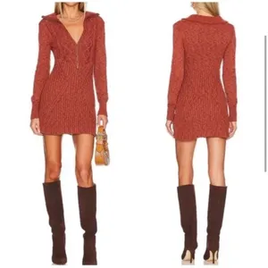 Free People Mont Blanc Mini Sweater Dress Red Jasper Auburn Sz M Cable Knit Zip thumbnail 2
