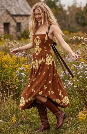 Free People Dainty Cottage Micro Corduroy Until Dawn Midi Dress Brown Large thumbnail 1