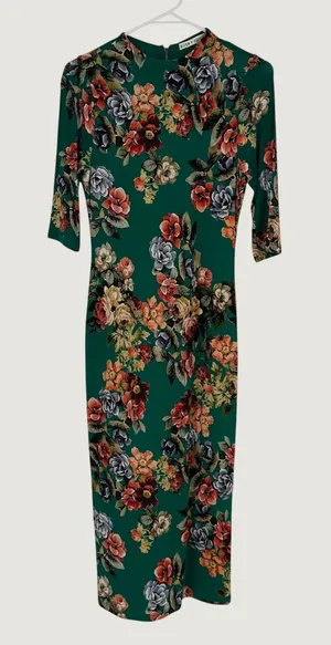 Alice + Olivia Delora Green Floral‎ Midi Dress Size 4 3/4 Sleeve Bodycon thumbnail 1