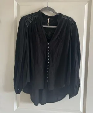 Free People Black Canyon Rose Hi-Lo Button Down Blouse Metallic Lace XS thumbnail 9