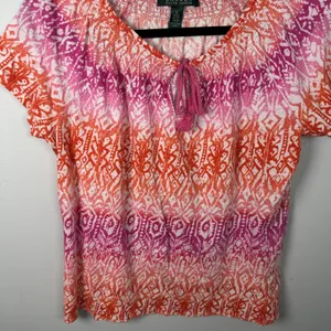 Lauren Ralph Lauren Medium Top Womens 100% Cotton Pink Orange Boho Short Sleeve‎ thumbnail 10