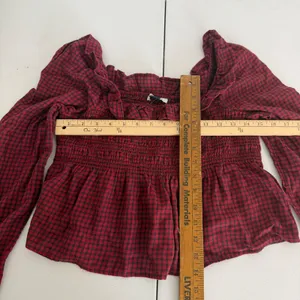New American Eagle Long-Sleeve‎ Smocked Ruffle Plaid Top Red Gingham Women Small thumbnail 9
