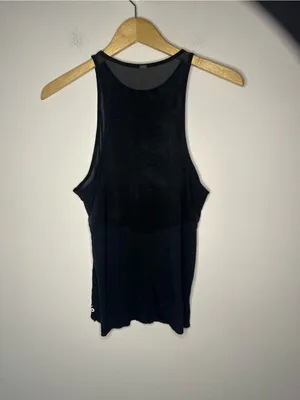 Alo yoga black mesh top raw hem tank top fits like a small workout activewear thumbnail 2