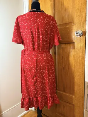 Red Polka Dot Wrap Dress Flutter Sleeve V Neck Tie Waist Women’s Dress thumbnail 5