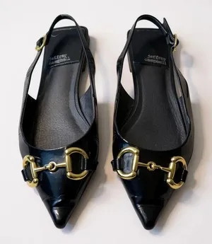 Jeffrey Campbell Black Patent Leather Slingback Flats Gold Hardware Pointed Toe thumbnail 1