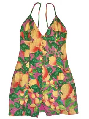 Farm Rio orange sunset linen mini summer sun dress fruit novelty tropical prnt S thumbnail 3
