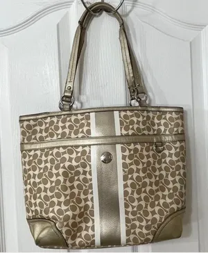 Coach Beige Signature Stripe Tote With Gold Trim thumbnail 1