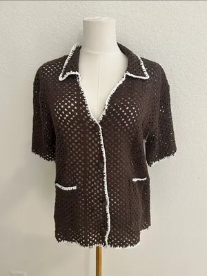 Elan Crochet Button-Up Cover-Up TOP, Brown/White, Size Medium, NWT thumbnail 4