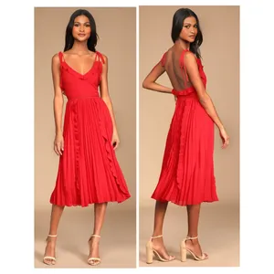 Lulus Never a Dull Moment Bright Red Tie-Strap Pleated Midi Dress Size XL Party thumbnail 2